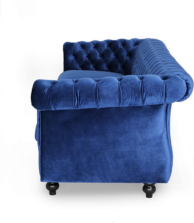 Great Deal Furniture GDFStudio Chesterfield Tufted Jewel Toned Velvet Sofa with Scroll Arms Navy Blue