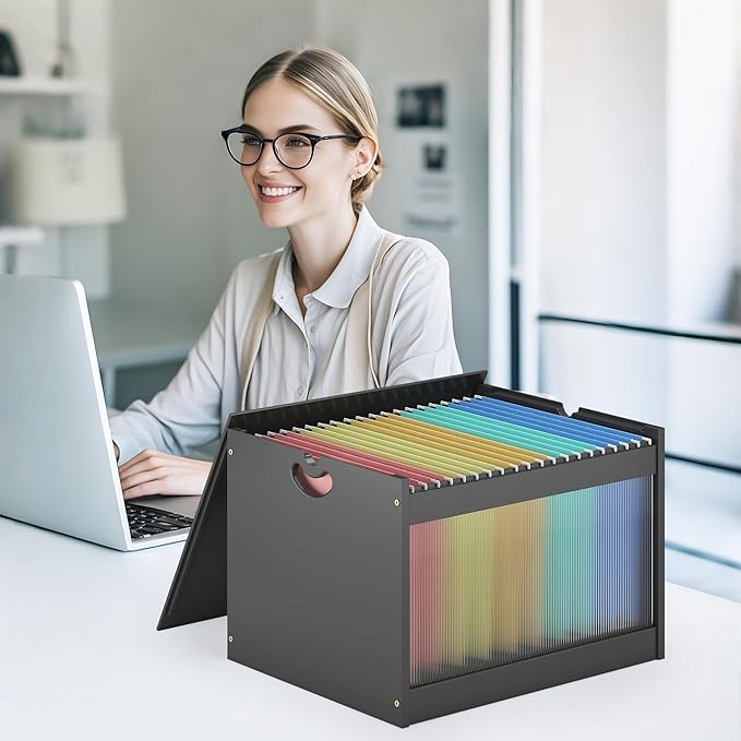 Hanging File Box Organizer for Letter Size Bamboo Acrylic File Folder Storage with Lid Clear Moving Boxes Wooden with Handle Desktop Filing Holder for Office Banker Document