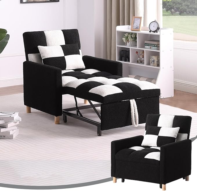 3-in-1 Convertible Chair Bed Single Sofa Bed Pull Out Sleeper with Adjustable Backrest Lounger for Living Room (Black White)