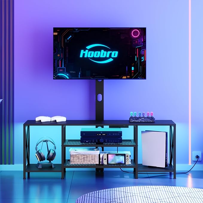 HOOBRO TV Stand with Mount and Power Outlet LED Entertainment Center with Swivel TV Mount for 32/45/55/60/65/70/75 inch TVs TV Cabinet with 3-Tier Storage for Living Room Bedroom Black BB46UDDS01