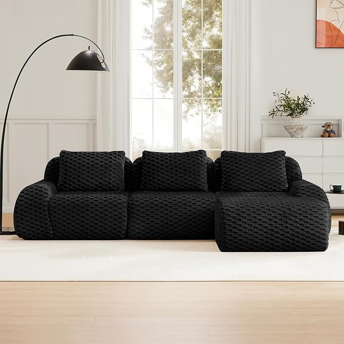 114 Oversized Modular Sectional Sofa Flannelette 3-Saeter Boneless Couch with Ottoman Comfy Deep Seat Cloud Couch Highly Textured L Shaped Sectional Couches for Living Room No Assembly Black