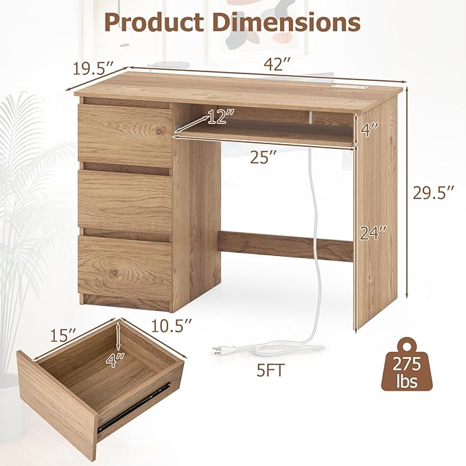 GOFLAME Computer Desk with 3 Drawers &amp Charging Station 42” Home Office Desk with Storage &amp Keyboard Tray Writing Desk PC Workstation Vanity Table (Natural)