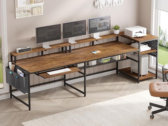 SEDETA L Shaped Computer Desk Reversible Computer Desks L Shaped Desk with Power Outlets &amp LED Strip Monitor Shelf Keyboard Tray Pegboard and Storage Shelves for Home Office Rustic Brown