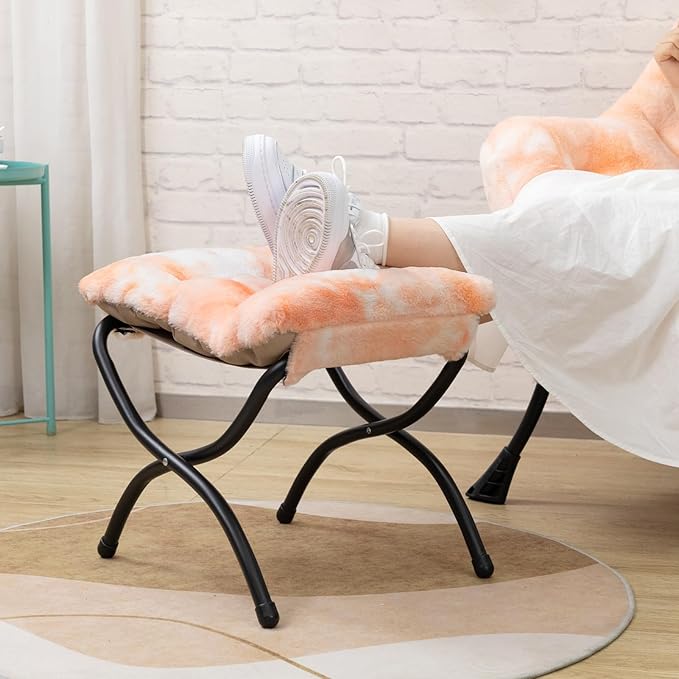 HollyHOME Lazy Chair with Foldable Ottoman Accent Comfy Lounge Armchair and Folding Footrest Stool Leisure Sofa Reading Chair and Footstool for Living Room Bedroom DormFaux Fur Peach