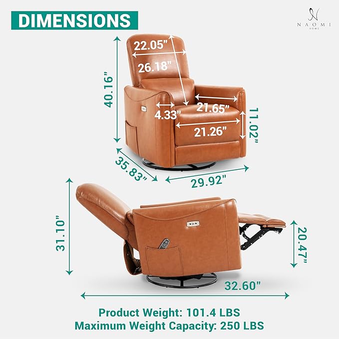 Naomi Home Willa Luxury Swivel Recliner Chair – Faux Leather Reclining Sofa for Living Room &amp Nursery with Lumbar Support Vibration Massage &amp Heating Function Caramel