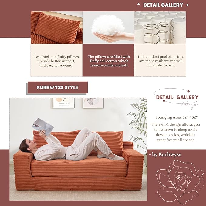 Folding Sofa Bed with Memory Foam Convertible Floor Sleeper Sofa 72 Pull Out Couch Bed with Steel Frame Modern Compressed Couch for Living Room Bedroom Apartment No Assembly (Corduroy Orange)