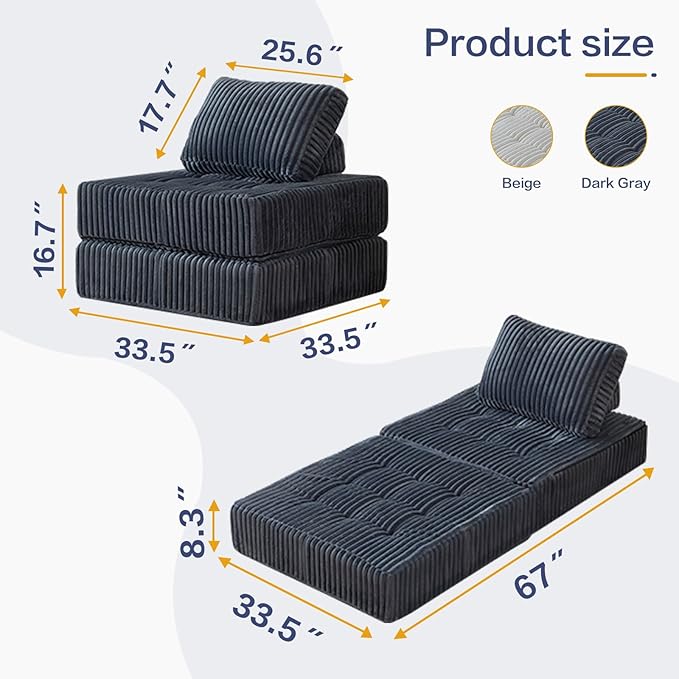 Folding Sofa Chair Foldable Floor Sofa Bed with Corduroy Convertible Sleeper Chair Single Portable Fold Out Chair Bed for Adults Folding Futon Mattress for Small Spaces Apartments