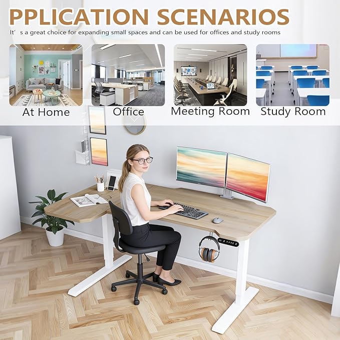 59 L-Shaped Standing Desk Height Adjustable Electric Corner Desk with Wheels Ergonomic Rising Computer Table for Home Office (Nature)