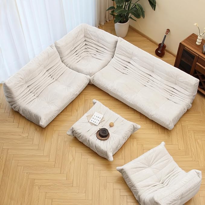 N&ampV Fireside Chair Mid Century Armless Floor Sofa Soft Premium Chenille Floor Lounge Chair Foam Sofa Accent Chair for Living Room Bedroom and Office (White Single)