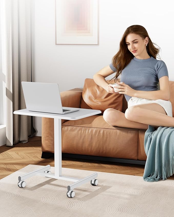 iPower Standing Desk Small Rolling Desk with Lockable Wheels Mobile Stand Up Desk Adjustable Height 28-43 Inch Portable Laptop Desk Small Computer Standing Table Sit Stand White