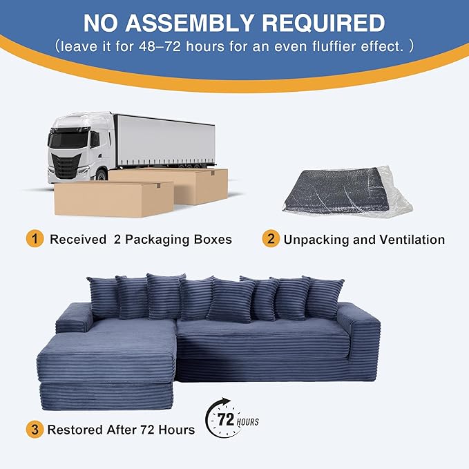 110'' Oversize Cloud Sectional Couches for Living Room Convertible Sleeper Sofa Bed Big Comfy Couch with 2 Side Pockets &amp 8 Pillows Corduroy Free-Combined (Blue 110 -Left Facing Chaise)