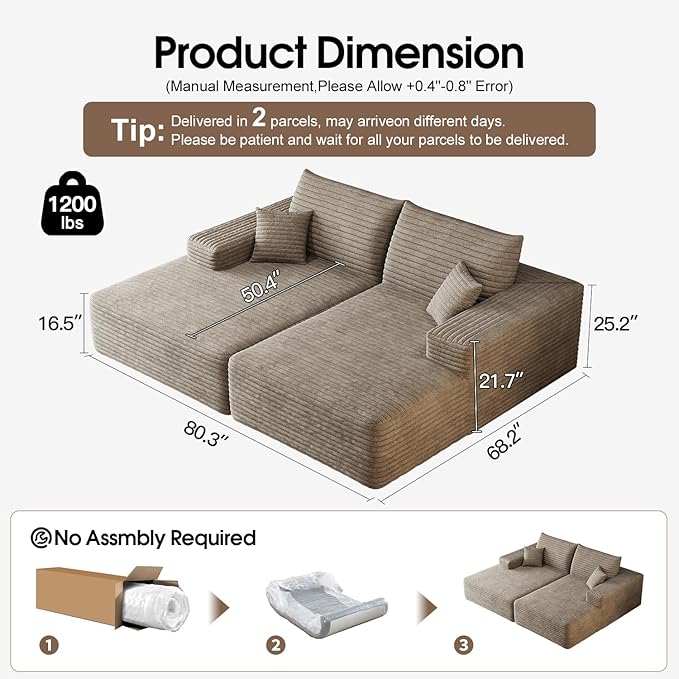80.3''Oversized Double Lounge Chaise Sofa Bed Boneless Cloud Couch Deep Seat No Assembly Required Modern Corduroy Sleeper Loveseat Chair for Living Room Bedroom Reading (Camel)