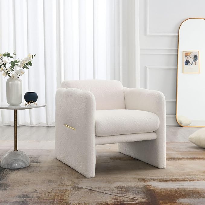 Arm Chair with Waved arms Metal Decoration on Both Side arms Accent Chair for Primary Living SpaceReading Chair Living Room Bedroom Teddy Fabric