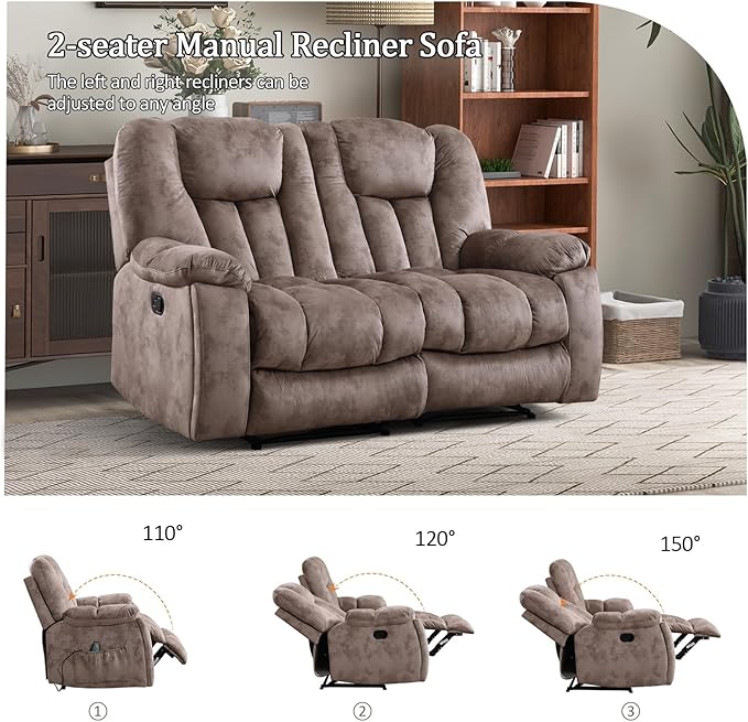 CANMOV Manual Recliner Loveseat 2 Seat Recliner Sofa Chair with Overstuffed Armrest and BackrestSoft Fabric Reclining Couch Living Room Set with Hidden Cup Holders for Adults Elderly Apricot