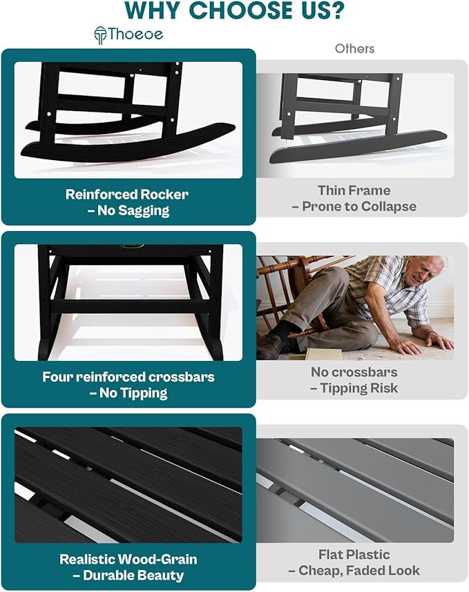 Oversized Rocking Chair Set of 8 Outdoor Rocking Chair for Adults All Weather Resistant Porch Rocker for Lawn Garden Black