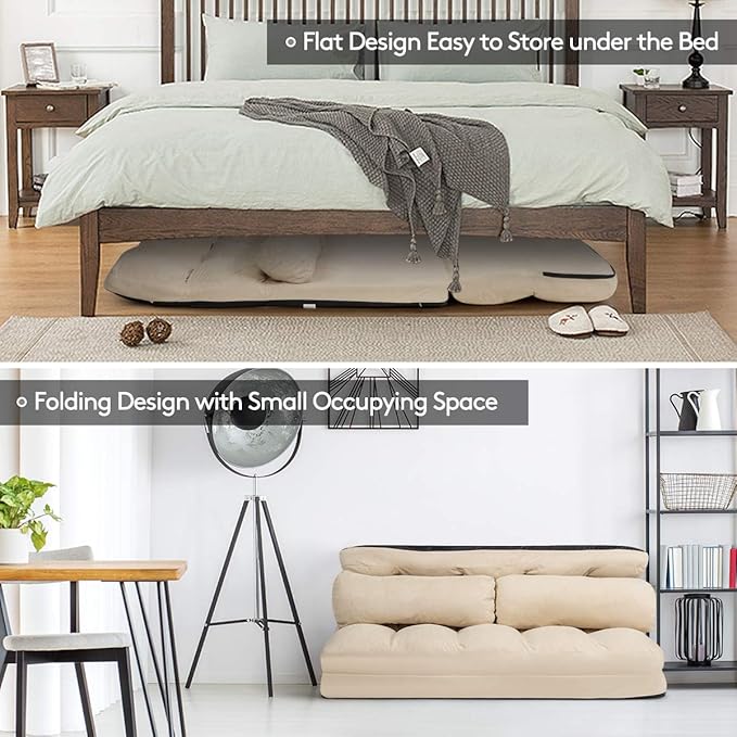 S AFSTAR Safstar Floor Folding Couch and Futon Sofa 6-Position Fabric Sleeper Sofa Bed with 2 Pillows and Sponge Filling Adjustable Lazy Sofa for Living Room and Bedroom(Beige)