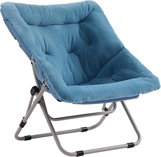 Saucer Chair Comfy Bedroom Chairs Oversized Folding Faux Fur Chair Foldable Metal Frame Chair for Bedroom Living Room Balcony Patio (Blue)