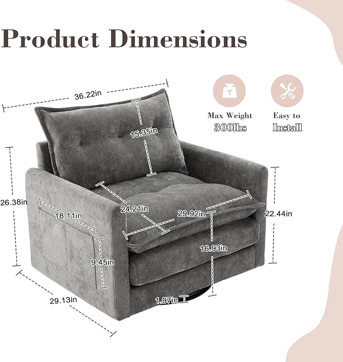 36.2 Oversized Square Swivel Accent Chair 360° Rotating Barrel Armchair Comfy Single Cloud Sofa Chair with Metal Base and Thick Padded for Nursery Bedroom Living Room &amp Offices (Gray)