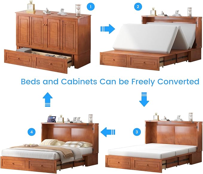 PUREMIND Queen Murphy Bed Frame with Headboard Hideaway Chest Bed Frame Storage Drawers USB Charging Ports- Space Saving Cabinet Chest Beds for Guest Room Bedroom