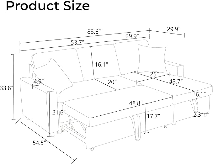 83 Inch Pull Out Couch Convertible Sofa Bed for Living Room Comfortable Sleeper Sofa with Pull Out Bed Modern Sectional Couches with Storage Chaise Easy Assembly for Apartment Dark Brown