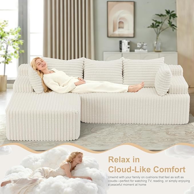 Redlife 95 L-Shaped Modular Sectional Sofa Faux Rabbit Fur Modular Floor Couch with Chaise High-Density 30D Foam Sponge No Assembly Required 5 Pillows Compressed for Living Room (Beige)