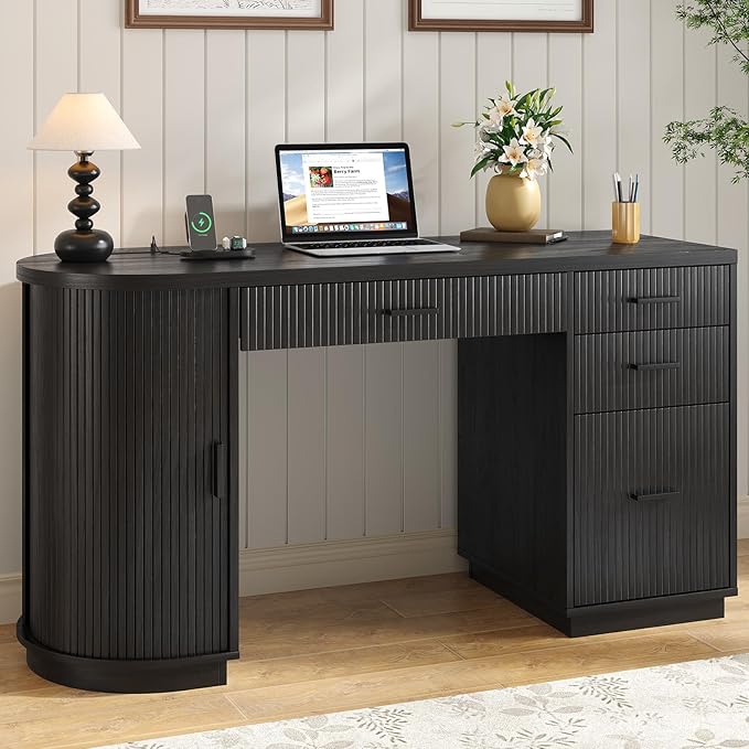ONBRILL 58 Inch Fluted Executive Desk Computer Desk with Storage Drawers &amp File Drawer Modern Home Office Desk with Charging Station for Working Studying Writing Black