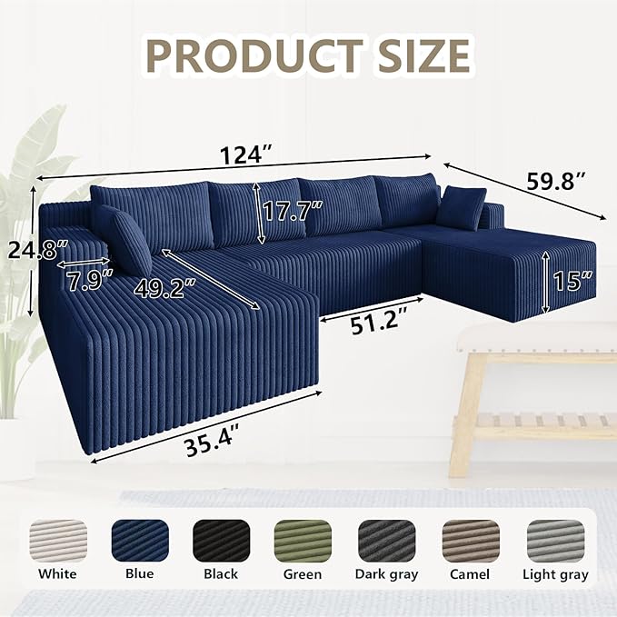 124 U Shaped Cloud Couch Sectional Corduroy Upholstered 4-Seater Cloud Couches for Living Room Deep Seat Modular Boneless Sofa with Lounge Chaise No Assembly Required Blue