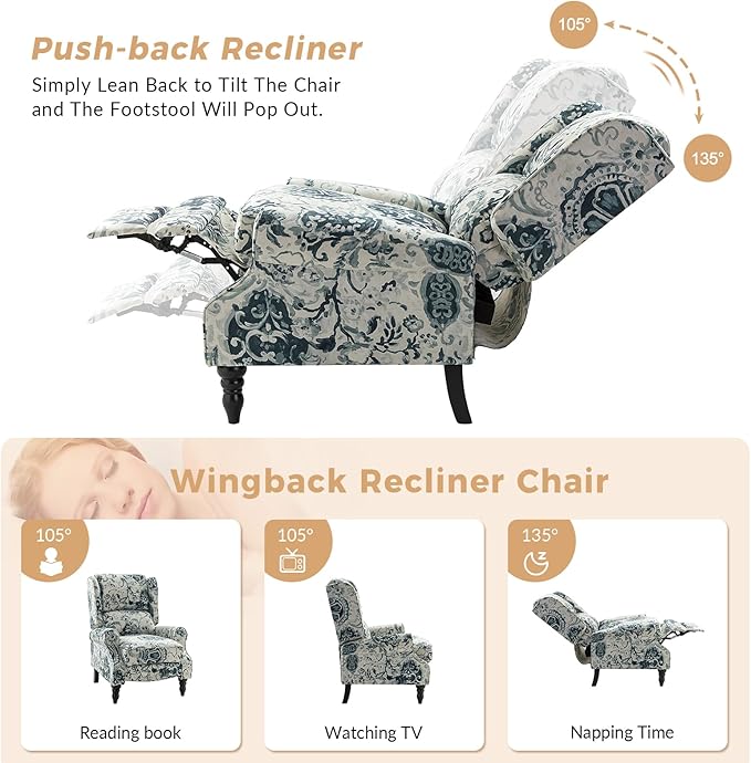 HULALA HOME Upholstered Wingback Recliner Chair Small Adjustable Footrest Push Back Single Reclining Sofa Mid Century Modern Lounge Armchair for Living Room Bedroom Reading/Floral