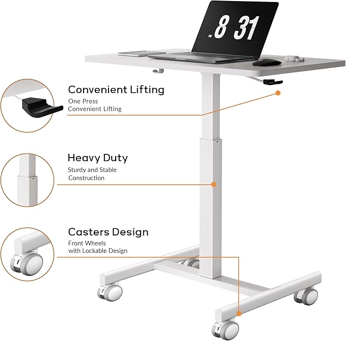 Mobile Small Standing Rolling Desk Adjustable Height Portable Laptop Desk on Wheels Workstation for Home Office with HookWhite
