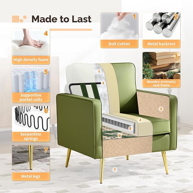 VINGLI Modern PU Leather Accent Chair Single Sofa Chair with Pocket Coil Seat Metal Backrest &amp Solid Wood Frame Upholstered Armchair for Living Room Bedroom or Office