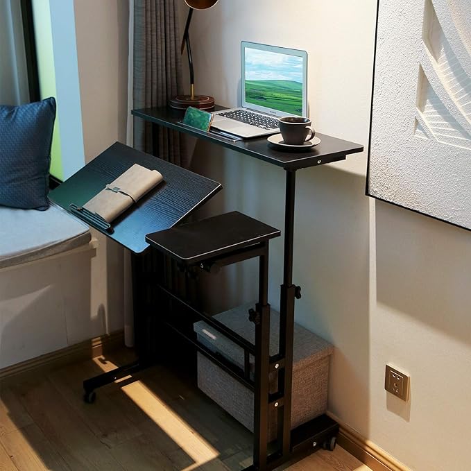 Portable Standing Desk Small Standing Desk with Wheels Standing Laptop Desk Mobile Standing Desk for Home Office Adjustable Standing Desk Stand Up Computer Desk Rolling Laptop Cart Black