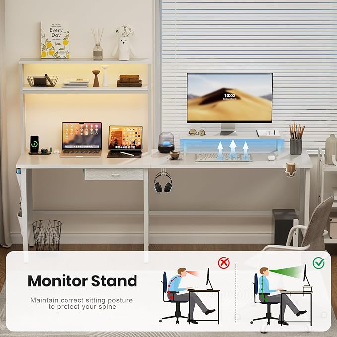 HLDIRECT L Shaped Desk with LED Light &amp Power Outlet 67 Inch Reversible Corner Gaming Desk with Storage Shelves &amp Drawer Computer Table with Monitor Stand Home Office Work Study White