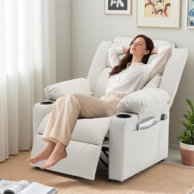 Power Recliner Chair with Vibration Massage &amp HeatUpholstered Faux Leather Single Reclining Sofa with Side Pockets Side Table for Living Room Home Theater (Beige)