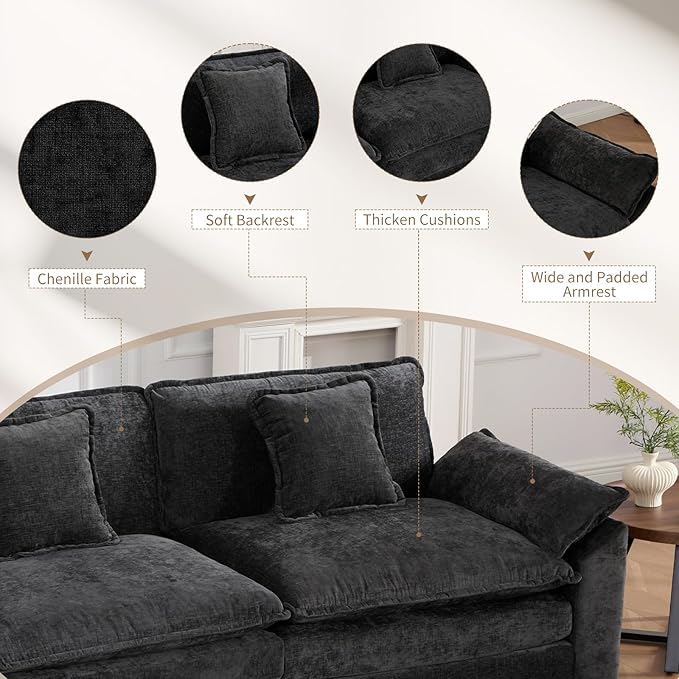 117.3 Modern Chenille Modular Cloud Sofa 3 Seater L Shaped Couch with Movable Ottoman Featuring Deep Seats and Pillows Easy Assembly Comfy Couches for Living Room Black