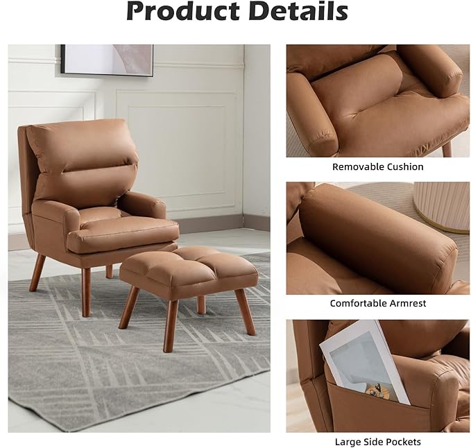 Modern Accent Chair with Storage Single Sofa Armchair with Plump Back Pillow Upholstered Comfy Chair for Living Room Bedroom Office (Brown)