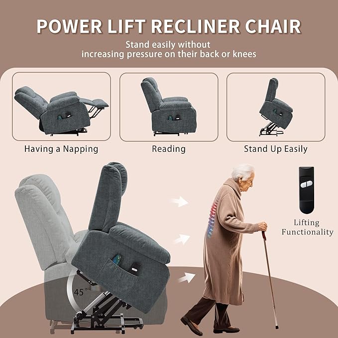 Oversized Power Lift Recliner for Elderly Electric Recliner Chairs with Massage and Heat Extra Wide Recliner with Side Pockets Reclining Chair for Living Room (Imitation Cashmere Grey)