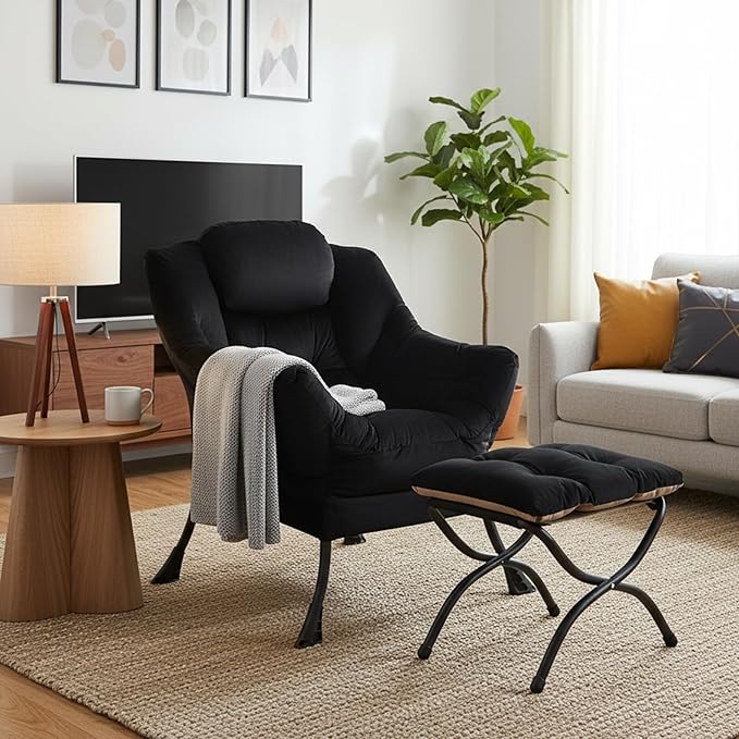 Welnow Lazy Chair with Ottoman Modern Accent Chair with Armrests and a Side Pocket Leisure Sofa Armchair Reading Armchair with Footrest for Small Space Black