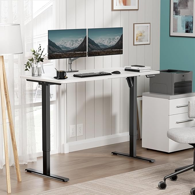48 x 24 in One-Piece Electric Standing Desk Adjustable Height Sit to Stand Up Desk for Home Office Work &amp Study Black Frame &amp White Desktop (2 Packages)