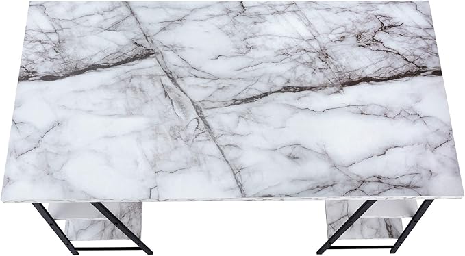 Computer Desk Home Office Laptop Storage Shelves 48 l Work White Marble Look Laminate Black Metal Contemporary Modern JJ863