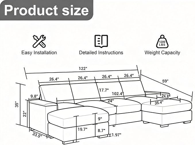 122 Oversized Modular Sectional Sofa Cloud Couch with 2 Ottomans Comfy Corduroy Upholstered Deep Seat Large U Shaped Lounge Sofa&ampCouches with Hidden Arm Storage Box