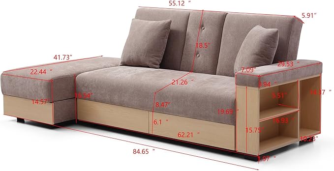 Convertible Sleeper Couch Multi-Functional Sofa Sleeper with Storage Ottoman and 2 Drawers Sectional Couch for Living Room Drop Down Table with 2 Cup Holders Storage Armrest Design (Light Brown)
