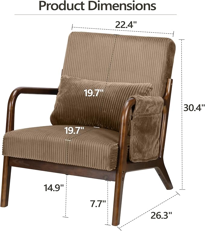 Mid-Century Modern Accent Chairs Upholstered Fabric Lounge Arm Chair with Storage Pocket Lumbar Cushion &amp Solid Wood Frame for Living Room Bedroom Balcony (Camel)
