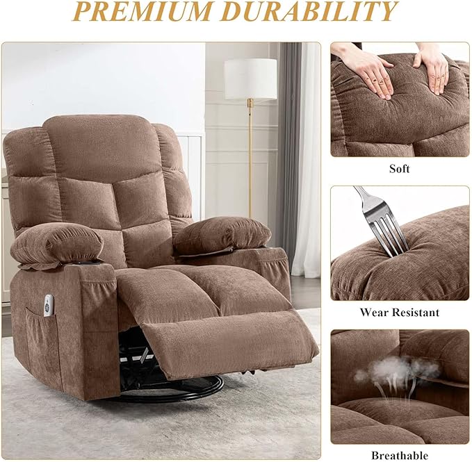 360° Swivel Recliner Chair with Lumbar Heating and Storage Side Pocket Oversized Adult Massage Rocking Chairs with USB &amp Cup Holders Ergonomic Single Sofa Chair for Living Room (Brown)
