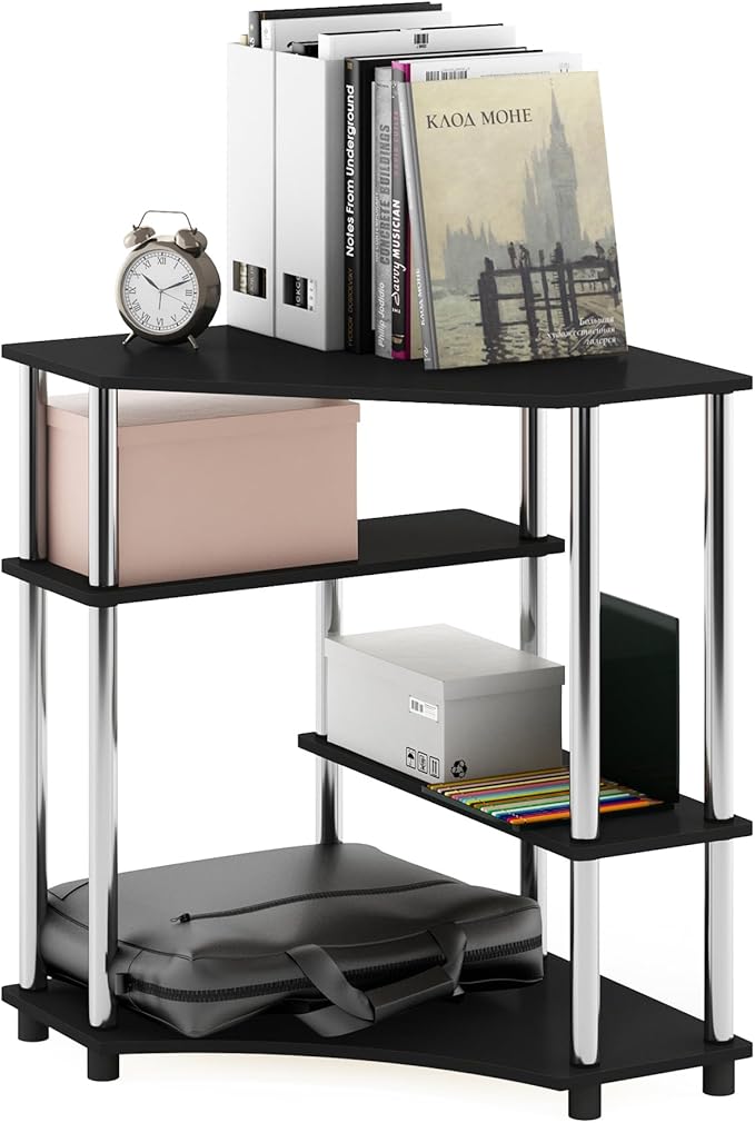 Furinno TURN-N-TUBE Desk Corner Gaming Desk with Storage Shelves Corner Computer Desk Office Desk for Home Office Bedroom Americano/Stainless Steel Tubes