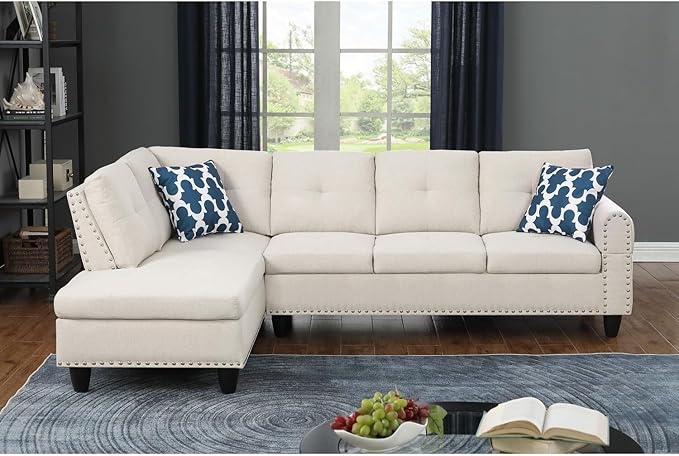 Sophisticated Simplicity Sectional Sofa with Ottoman Living Room Set Left Facing Chaise 2 Cup Holders 2 Throw Pillows Tufted Back and Seat - 99.5 D x 67 W x 32 H Beige