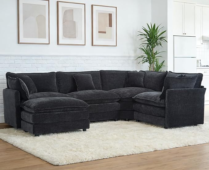 Modular Cloud Sectional Sofa Modern Chenille L Shaped Sectional Couch with Ottoman &amp Pillows 5 Seater Deep Seat Corner Couches for Living Room Apartment Office Black