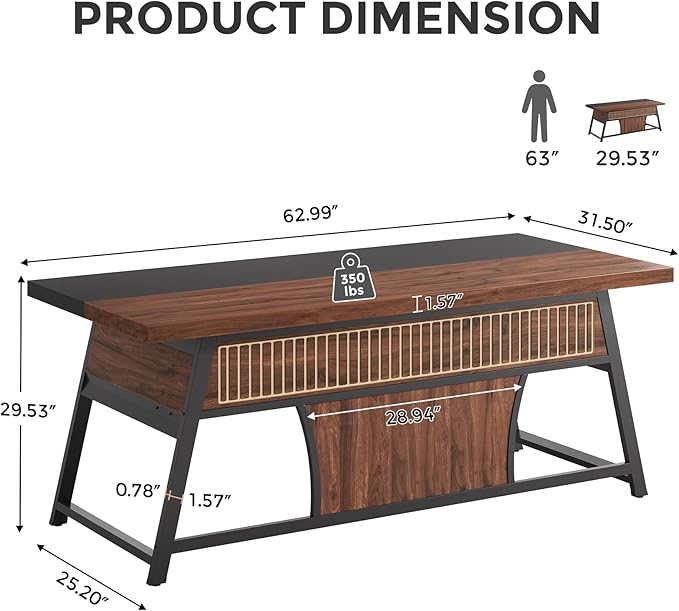 63-inch Executive Desk with Storage Shelf Large Home Office Desk with Metal Frame &amp LED Light Long Computer Desks for Home Office Walnut and Black