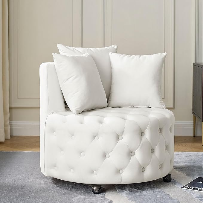 GNIXUU Swivel Barrel Accent Chair 30” Modern Velvet Round Sofa Chair with 3 Pillows and Wheels Comfy Tufted Club Lounge Chair for Living Room Bedroom(Beige).