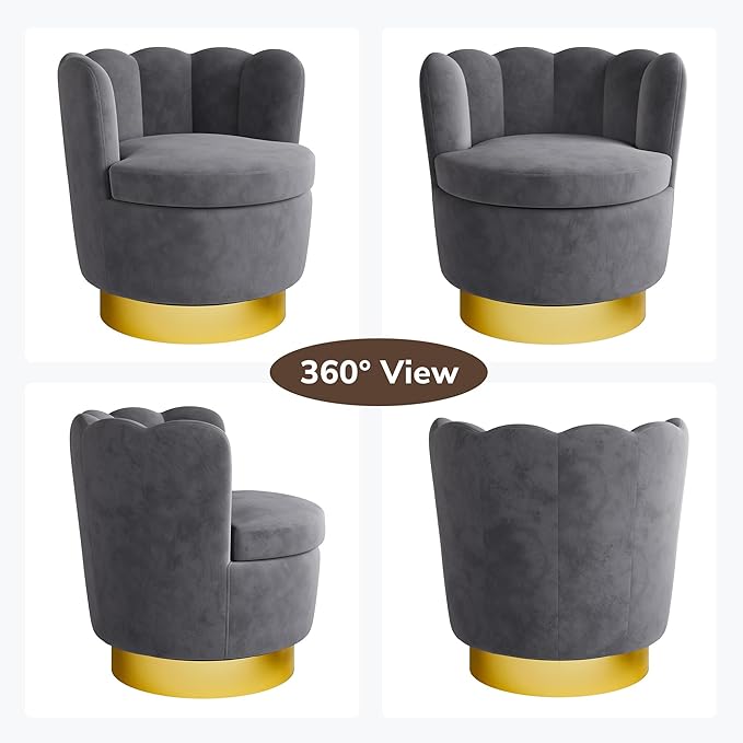 BELLEZE Swivel Accent Chair Velvet Modern Round Petal Swivel Barrel Chair 360° Upholstery Swivel Sofa Armchair Comfy Swivel Accent Chair for Living Room Bedroom - Lotus (Dark Grey)