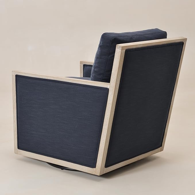 KINWELL 27 Wide Oak Wood Frame Performance Fabric Swivel Armchair No Assembly Down Fill Upholstered Swivel Barrel Chair with Removable Pillow Back for Living Room Bedroom (Indigo)